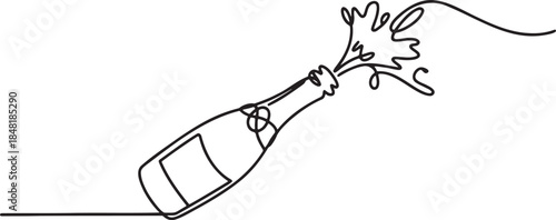Continuous line drawing of champagne bottle explosion with splash and bubbles for celebration design