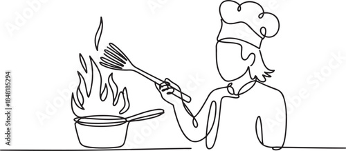 Continuous line drawing of chef cooking food with fire in a pan