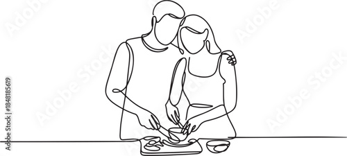 Continuous line drawing of young couple cooking together in kitchen at home