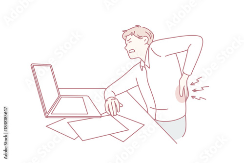Feeling back pain in office concept. Irritated man office worker sitting at laptop touching back feeling pain vector illustration