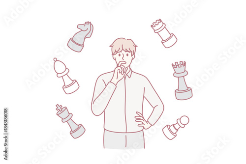 Thinking of strategy and chess concept. Young man cartoon character standing thinking with chess figured flying around vector illustration