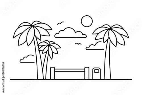 Bench and palm trees. Black outline linear silhouette. Editable strokes. Front view. Vector simple flat graphic illustration. Isolated object on a white background.