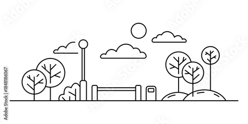 Bench, street lamp, and trees. Black outline line silhouette. Editable strokes. Front view. Vector simple flat graphic illustration. Isolated object on a white background. Isolate.