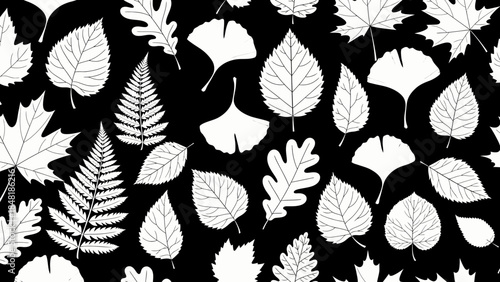 Leaves Pattern on black: A diverse collection of intricately detailed leaves, each a unique masterpiece of nature, dances gracefully against the contrasting backdrop of black.