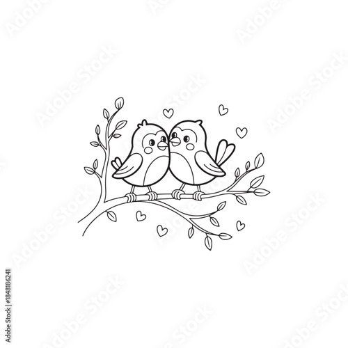 Two adorable birds perched closely together on a branch surrounded by loving hearts create a charming scene