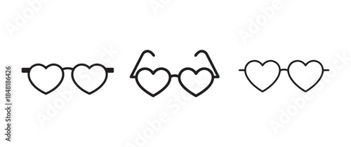 A minimalist black and white illustration displaying various heart shaped eyewear designs in a simple linear style