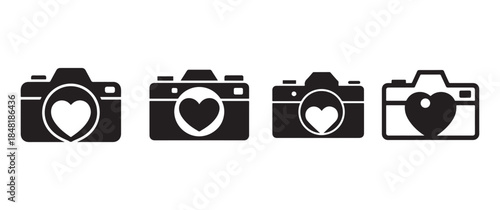 A series of four black camera icons each featuring a white heart shape within the lens area