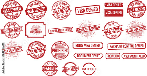 Red visa denied stamps and labels for immigration refusal