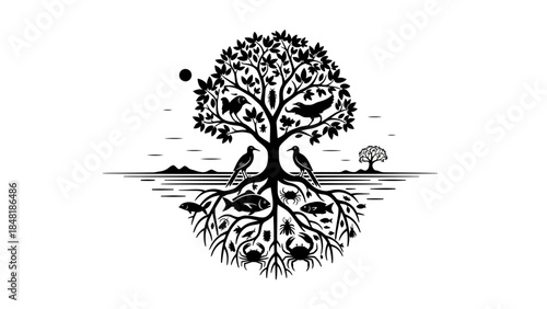 The Circle of Life: A monochrome illustration showcases the interconnectedness of nature, depicting a flourishing tree that merges with its environment