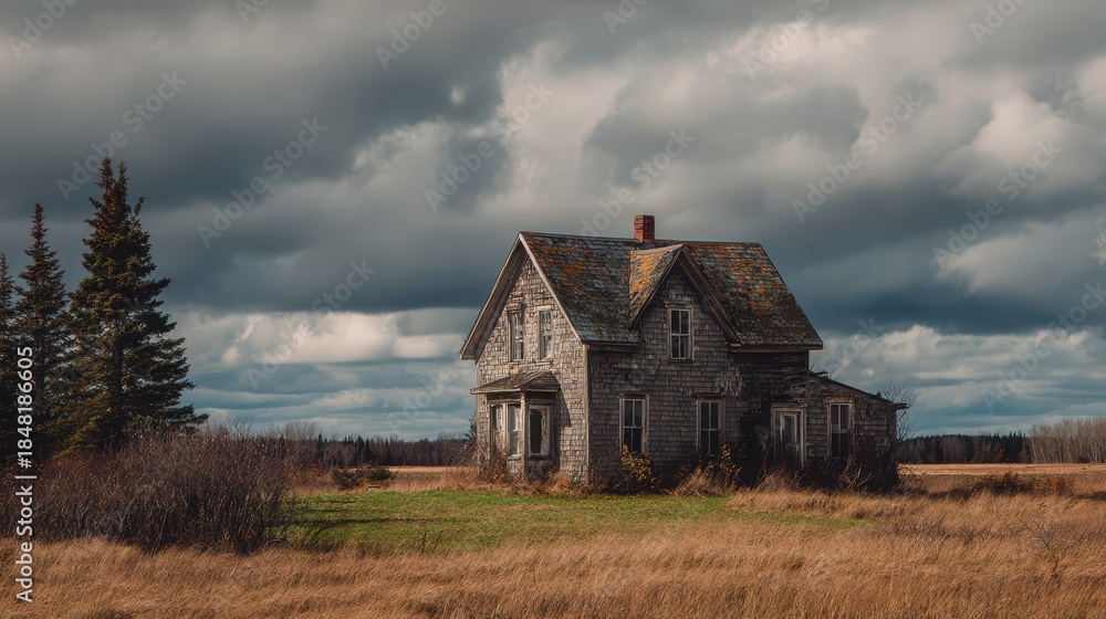 Obraz premium Eerie Old Dwelling: Abandoned Rural Home in Nova Scotia Surrounded by Grassy Fields and Dramatic Sky