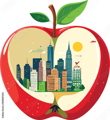 Apple Cut in Half Revealing Tiny City Core Inside, Creative Urban Nature Fusion Concept Isolated Cutout