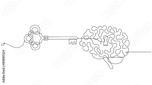 Line art brain and key unlocking thoughts minimalist design on transparent background silhouette