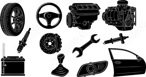 silhouettes of cars spare parts  - vector white background