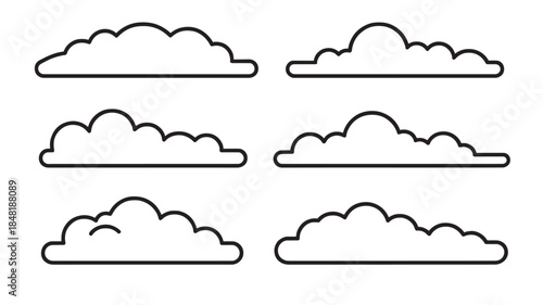 Simple black cloud outlines set of six ideal for design on transparent background silhouette