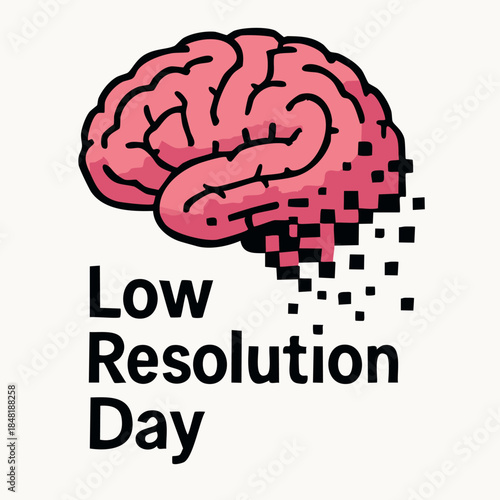 Pixelated brain illustration with low resolution day text representing mental fatigue and brain fog.
