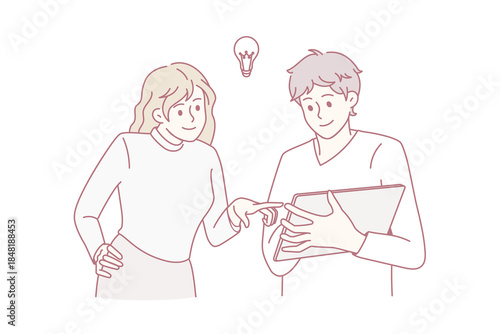 Motivated diverse employees use tablet brainstorm develop business strategy or plan together. Smiling man and woman generate business idea online on pad. Teamwork concept. Vector illustration.