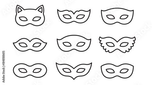 Collection of nine black line art masks ideal for creative projects on transparent background silhouette