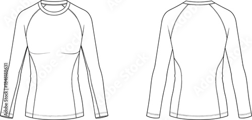 Black and white flat sketch of a long sleeve t shirt front and back views t-shirt fashion