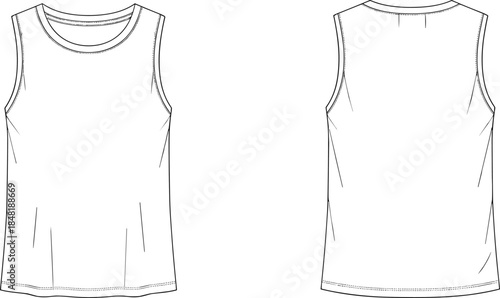 Black and white line art drawing of a sleeveless t-shirt front and back views tank top apparel