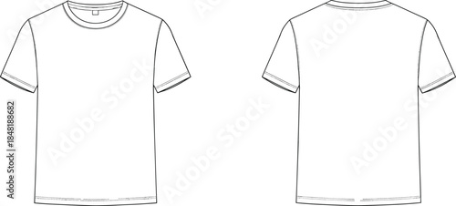 Black and white line art flat sketch of front and back of a t-shirt t shirt apparel
