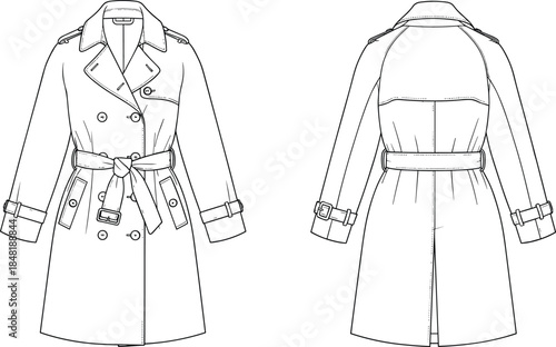 Black and white line drawing of a double breasted trench coat front and back views belted collar