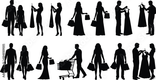 Black silhouettes of people shopping for dresses and carrying bags woman