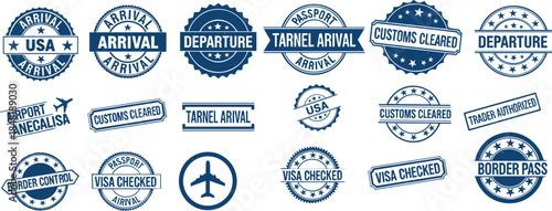 Travel stamps and icons for passport and travel documents