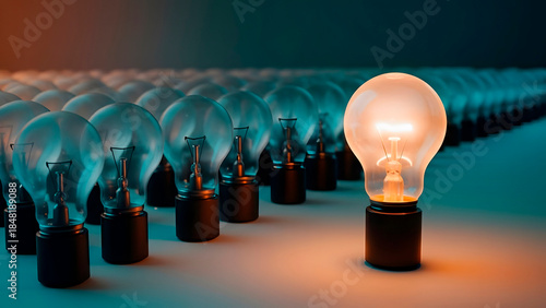 Stand Out from the Rest. Bright Light Bulb Among Dim Bulbs. Talent and Competitive Advantage Concept.
