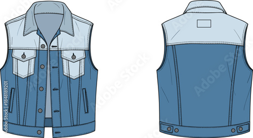 Blue denim vest front and back flat fashion illustration blue vest sleeveless jacket