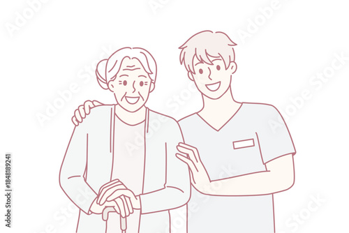 Smiling male caregiver with happy elderly woman patient in nursing home. Caring nurse or doctor with positive old grandmother in retirement house. Good maturity. Flat vector illustration.