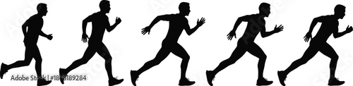 Five black silhouettes of a man running in sequence on a white background runner male