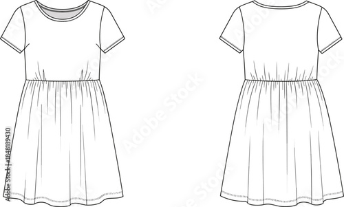 Front and back view flat sketch of a short sleeve gathered waist dress garment clothing