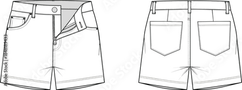 Front and back view fashion flat sketch of denim shorts with zipper technical drawing clothing design