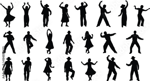 Collection of black silhouettes of people dancing and posing against a white background group