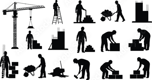 Construction workers and equipment silhouettes building structures and moving materials crane