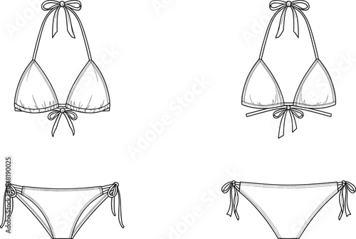 Two black and white line art bikini sets with tie details swimwear beachwear