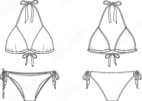 Two black and white line art bikini sets with tie details swimwear two piece