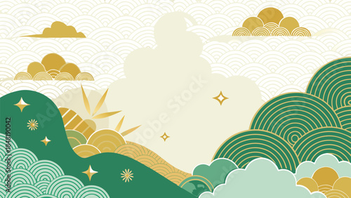 Elegant golden backdrop adorned with a subtle cloud pattern, embodying classic Japanese artistic style..eps
