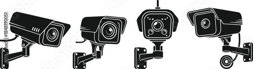 Four black security cameras in silhouette on white background cctv surveillance