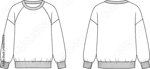 Front and back flat sketch of a white crew neck raglan sleeve sweatshirt long sleeve apparel