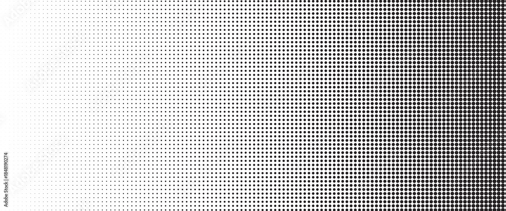 Fototapeta premium Dotted halftone gradient texture. Fading polka dot background. Repeated dots gradation pattern background. Black vanishing comic pop art overlay backdrop. Halftone raster effect wallpaper. Vector