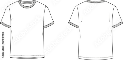 Front and back view flat sketch of a white t-shirt with ribbed collar and cuffs t shirt apparel