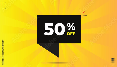 50% off editable sticker icon label eps format banner template design with black shapes white yellow bold font yellow orange abstract hot background