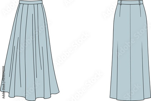 Two light blue pleated skirts shown front and back flat lay fashion clothing