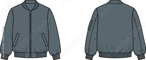 Front and back view of a dark gray bomber jacket with zipper and pockets outerwear clothing