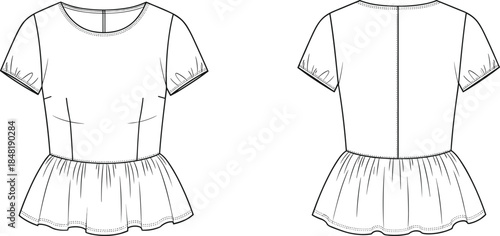 Black and white fashion flat sketch of a peplum top front and back fashion sketch garment design
