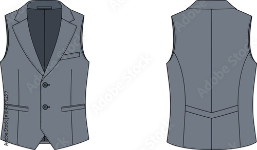 Front and back view of a grey formal vest with two buttons and pockets waistcoat formal wear