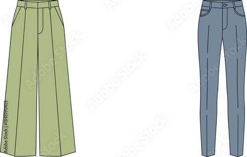 Two pairs of flat lay pants one green wide leg and one blue straight leg trousers clothing