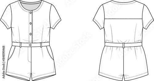 Front and back view of a white short romper with short sleeves and a belt shorts jumpsuit