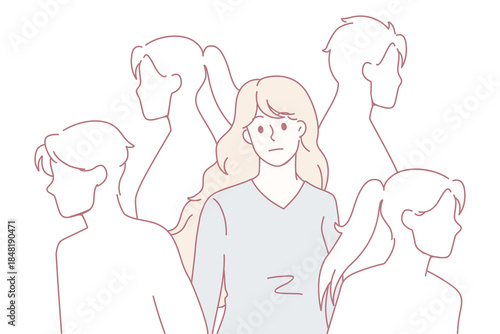 Sad young woman surrounded by people silhouettes feel lonely in society suffer from lack of communication. Upset girl struggle with loneliness and solitude in crowd. Outcast. Vector illustration.